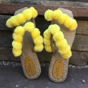 Yellow Pompom Abaca Slippers Slip On Slippers Sandals